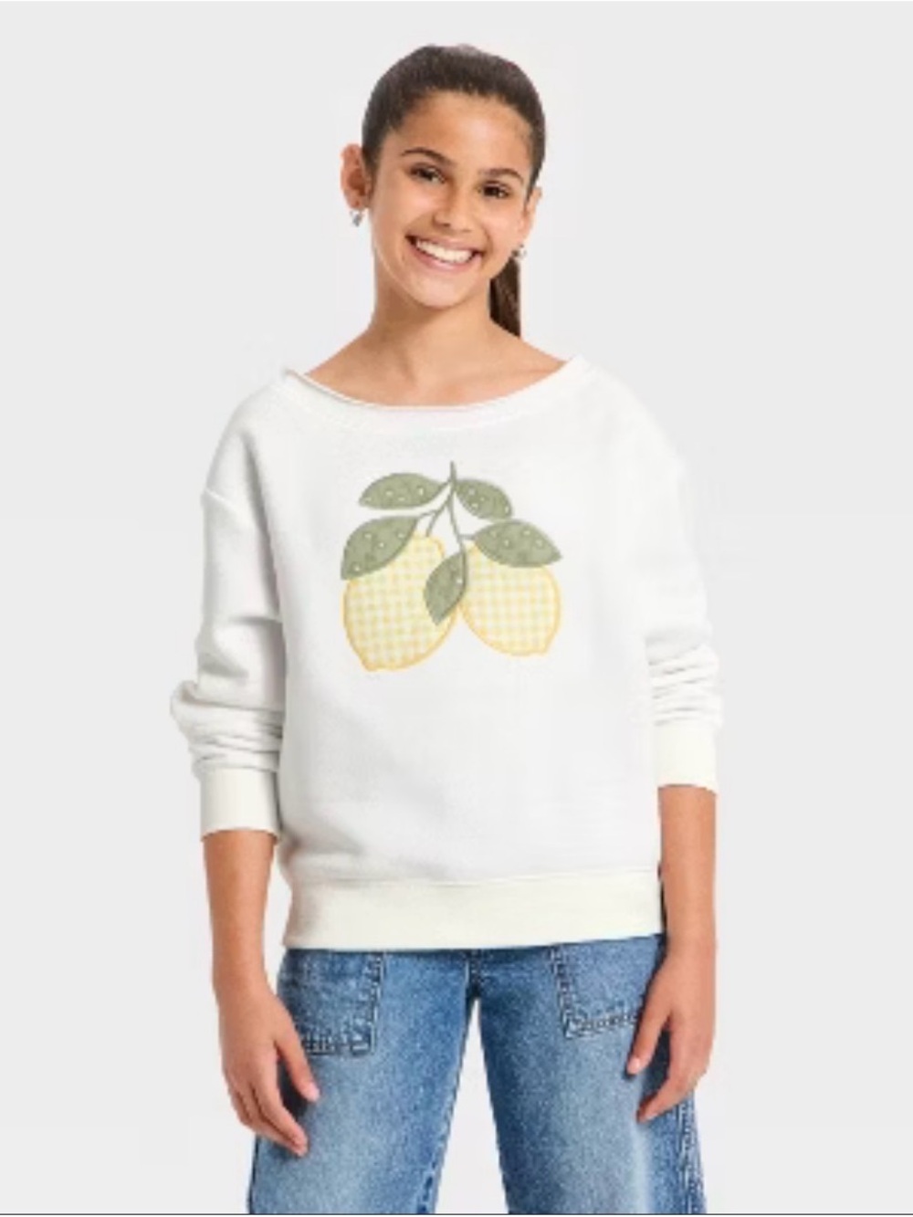 Art Class Girl’s Off Shoulder Sweatshirt Lemon Citrus Embroidered White XL 14